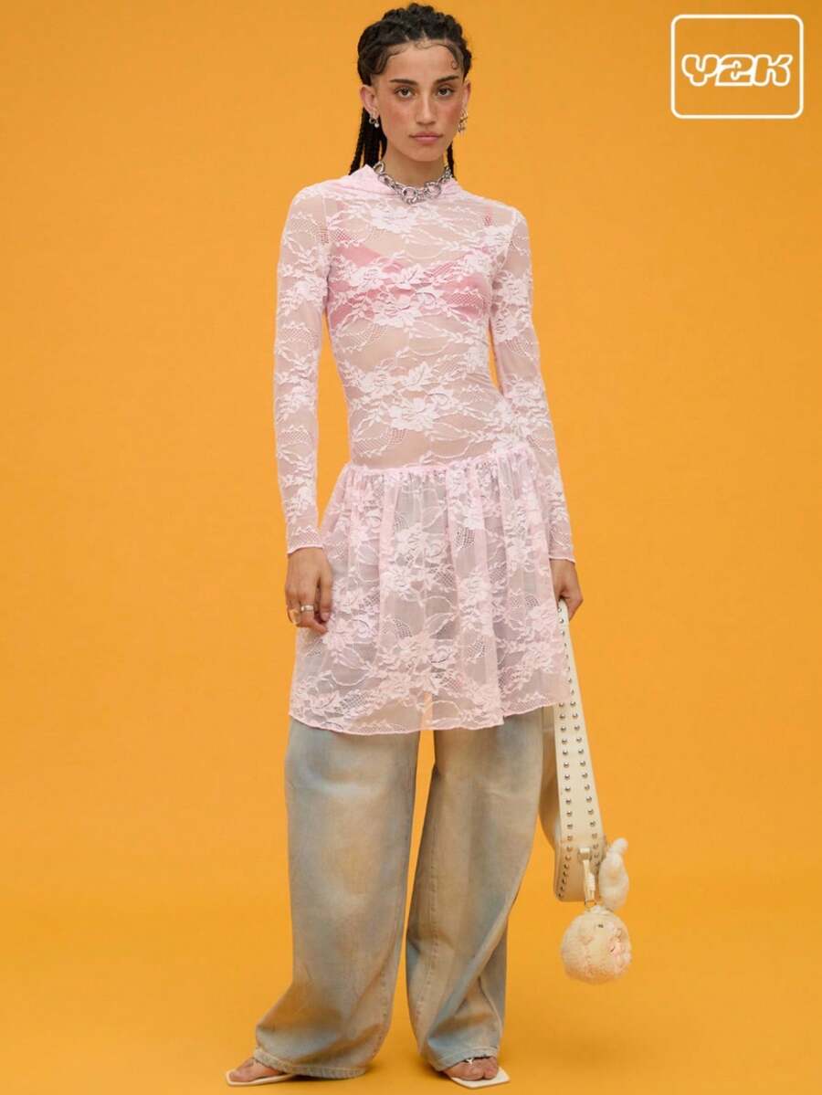 COUREZ Vestido mini con capucha y encaje de manga larga / Vestido de verano Outfits de verano para mujeres Vintage Y2K - Blanco - Ver 1