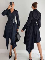  Siren Gaze Women's Women's Fashion Commuter Striped Wrap Asymmetric Hem Mid-Length Dress