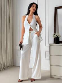 EURMUSE Women's Solid Color Halter Top & Pants Set With Beading Detail - White - View 3