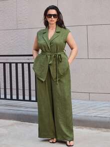 Maija Plus Size 2026 New Solid Color Casual Suit Set, Romantic, Fashionable, Versatile; Comfortable, Elegant, Casual, Simple Daily Wear Business Casual Women Outfit Linen Two Piece Set Olive Green Outfit Women Plus Size Linen Outfits Wide Leg Pants Green Vest Top Spring To Summer Spring Outfit Womenvalentine's Day Carnival Fasching Women Costume Party Beach Wedding Vacation Casual Linen Outfits For Women Green Jumpsuit - Army Green - View 2