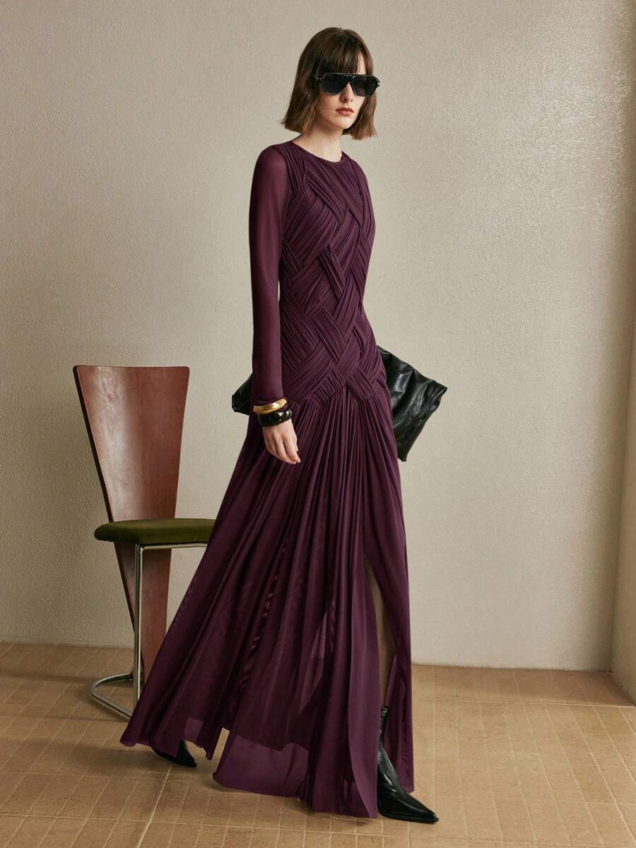 Arave 女士针织弹力网布圆领插肩袖不对称拼接设计优雅约会长裙 - 酒紅色 - 查看 1