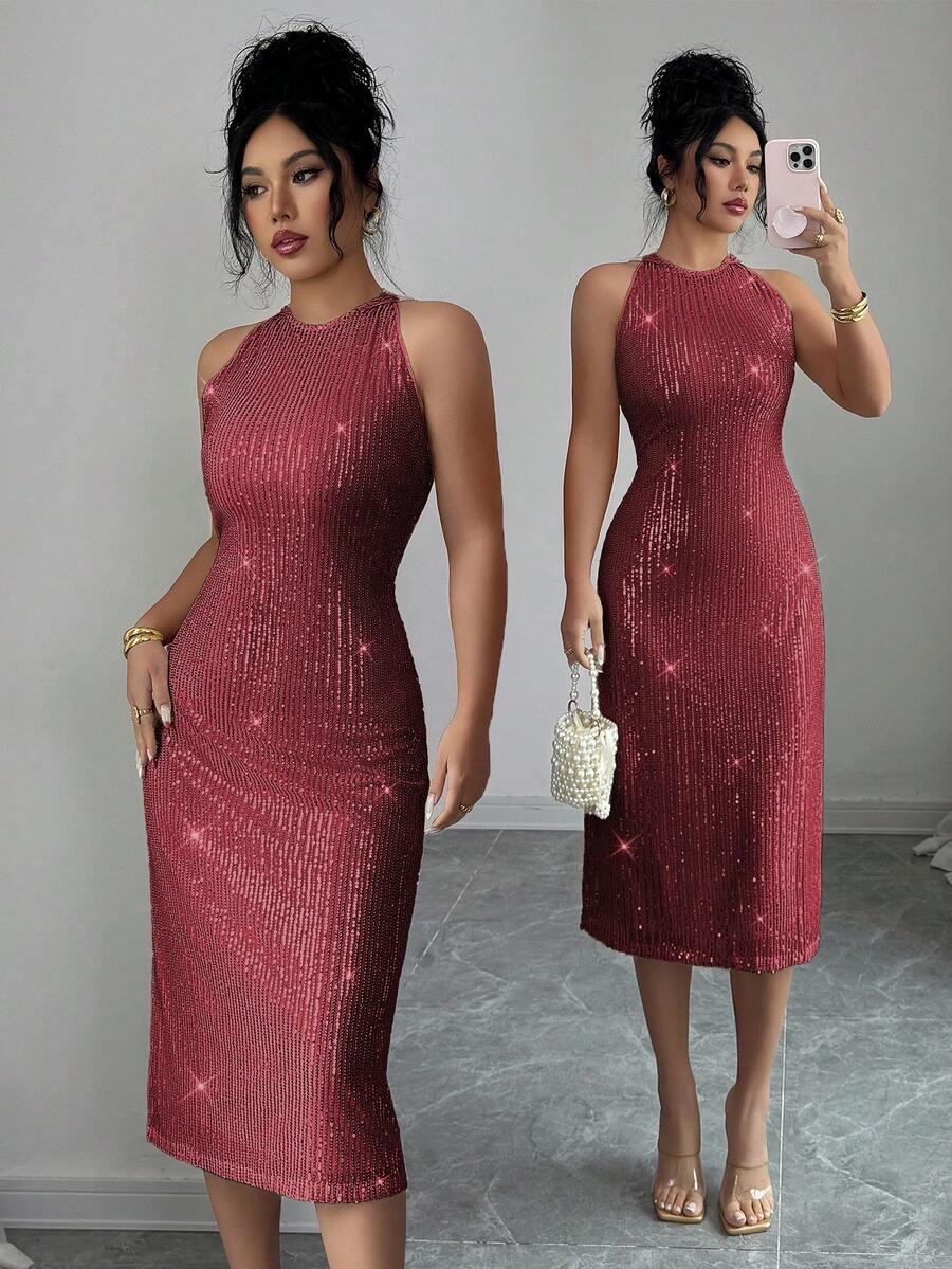 Elenzga Women's Elegant Sequin Embellished Round Neck Sleeveless Midi Dress, Romantic French Sicilian Style, Suitable For Casual, Commute, Vacation, Afternoon Tea, Christmas, Formal Party - Burgundy - View 1