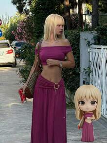 Bonvoyette Swim Oasis 3-Piece Set, Eggplant Purple Cropped Top With Elegant Neckline And Intricate Twisted Arm Details, Draped Coverup, Side Slit Maxi Skirt For A Captivating Silhouette. - Burgundy - View 1