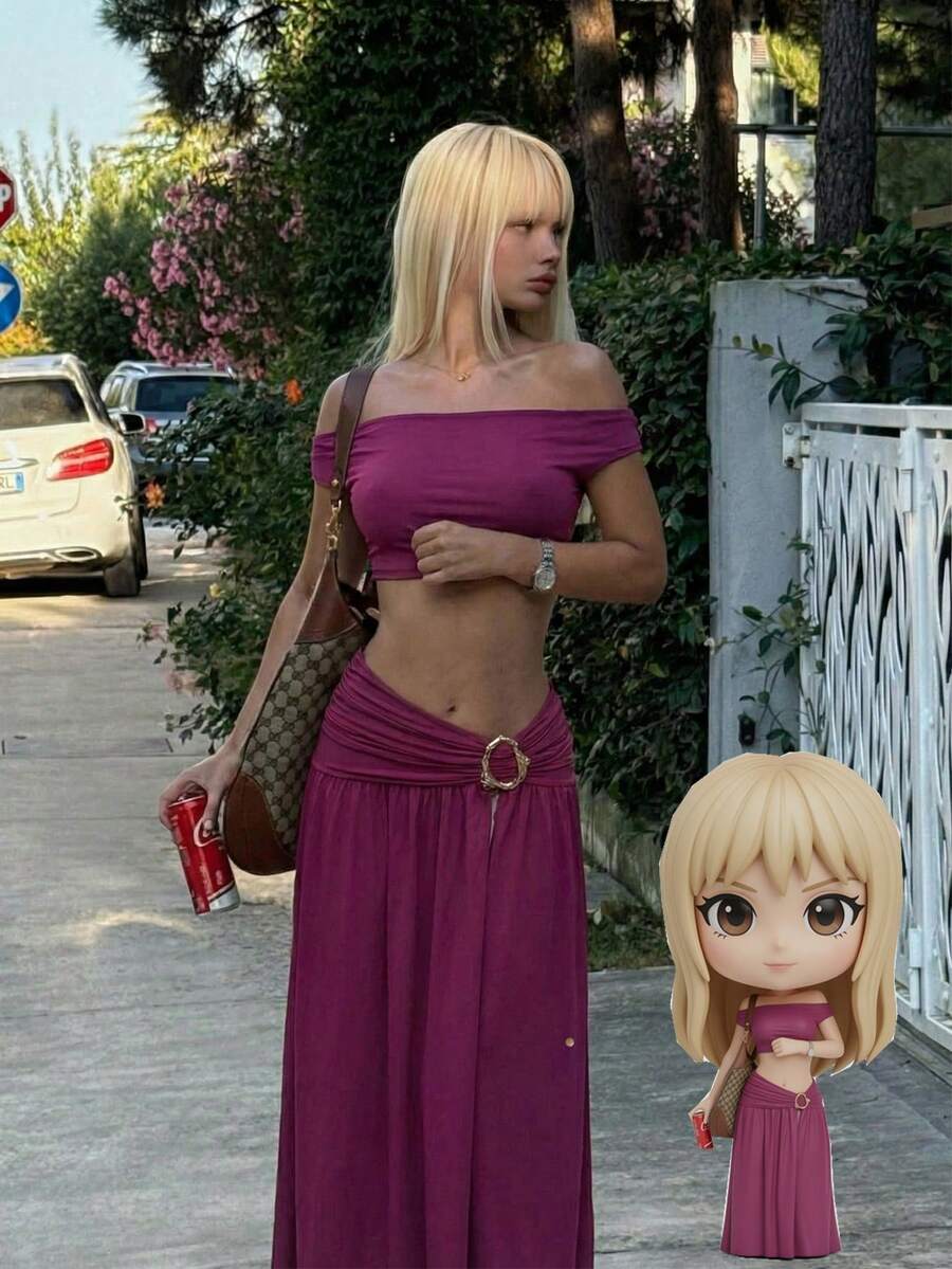 Bonvoyette Swim Oasis 3-Piece Set, Eggplant Purple Cropped Top With Elegant Neckline And Intricate Twisted Arm Details, Draped Coverup, Side Slit Maxi Skirt For A Captivating Silhouette. - Burgundy - View 1