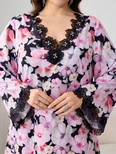 Al Najma Đầm maxi kiểu Ả Rập thanh lịch, cổ chữ V, in hoa dành cho nữ cỡ lớn, trang trí họa tiết.