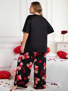 SHEIN CURVE+ 加大码女式熊与爱心印花短袖上衣和裤子睡衣套装，情人节 - 彩色 - 查看 2