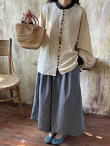 FRIFUL Women's Contrast Texture Fabric Contrast Button Design Loose Casual Versatile Shirt - Grey - View 2