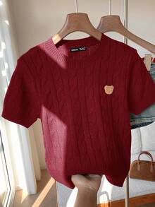 SHEIN EZwear Plus Size Women's Cute Bear Icon Textured Knit Short Sleeve Fitted Pullover Top, Warm Yellow, Suitable For Early Autumn - Burgundy - View 6