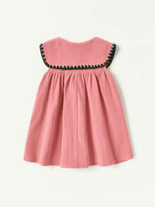 Cozy Pixies Baby Girl Floral Embroidery Pattern Navy Collar Sleeveless Half-Open Front Dress - Pink - View 2