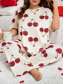 SHEIN CURVE+ 加大码女式樱桃印花短袖上衣和裤子睡衣套装，情人节休闲款 - 彩色 - 查看 2