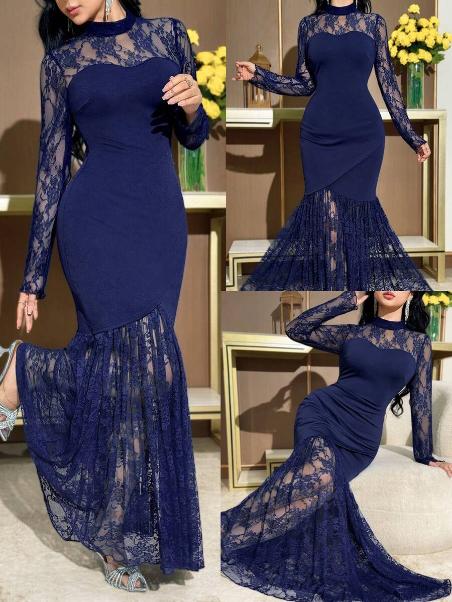 Modelyn Women's Elegant Lace Patchwork Sheer Collar Fishtail Hem Fitted Dress Elegant Party Dress