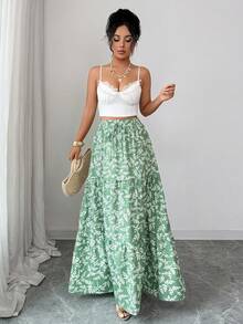 Rafferiza New Women's High-Waisted Long Skirt With Leaf Print, Featuring An Elastic Waistband With Drawstring Tie Detail, And A Multi-Layered, Loose-Fitting A-Line Silhouette. - Green - View 8