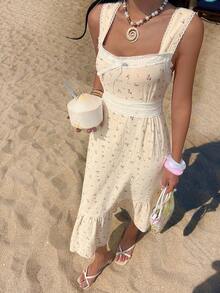 DAZY Camicia da notte lunga da donna con patchwork floreale, bordi a contrasto e cinturino largo in vita - Albicocca - Visualizzare 4