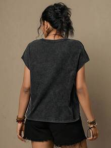 Freevana Áo tank top cỡ lớn màu xám bạc cổ chữ V, thiết kế túi cài khuy kim loại, kiểu dáng thường ngày đa năng dành cho nữ mùa xuân/hè. - Màu xám đen - Xem 2