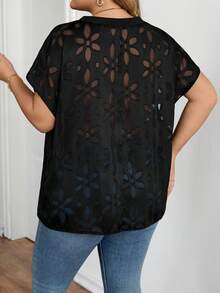 SHEIN CURVE+ 大码纯色V领插肩袖宽松薄纱上衣 - 黑色 - 查看 2