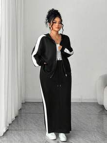 Elenzga 2pcs/Set Plus Size Double Zipper Long Sleeve Hoodie Top And Skirt - Black - View 5