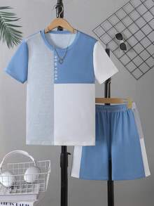 Vacaura 2pcs/Set Boys Casual Contrast Color Patchwork Letter "NEW YORK" Decor Design Comfortable T-Shirt Set, Suitable For Daily Commute & Leisure Wear - Dusty Blue - View 8