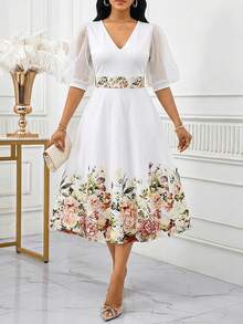 SHEIN Lady 女士V领印花优雅收腰灯笼袖派对中长连衣裙 - 彩色 - 查看 1