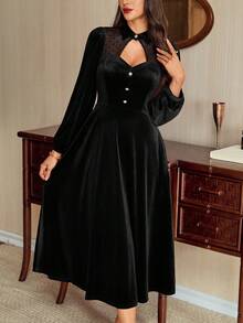 Vintamour Vintage Classic Elegant Women's Dress, Fitted Patchwork Dress With Collar, Pockets, Long Sleeve, Wine Red, Autumn/Winter - Black - View 7