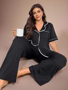 Lazeform Plus Size Front Button Contrast Trim Casual Top & Pants Loungewear Pajama Set, Outfits - Black - View 1