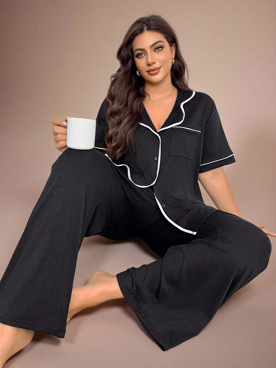 Lazeform Plus Size Front Button Contrast Trim Casual Top & Pants Loungewear Pajama Set, Outfits - Black - View 1