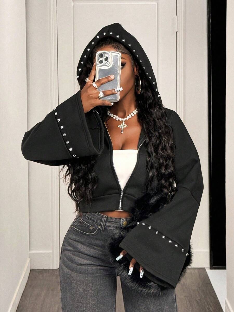 BamGleam Áo khoác lông cừu có mũ đính đinh tán dành cho nữ - màu đen - Xem 1