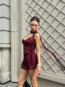 Elegant Spring/Summer Ribbon Suit For Women, Burgundy Floral Cutout Resort Suit For Women - Burgundy - View 5