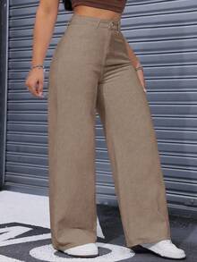 SHEIN ICON Plus Size Solid Color Slant Pocket Casual Versatile Wide Leg Jeans - Khaki - View 4