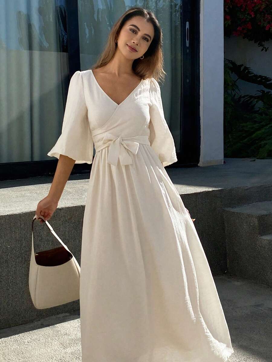 DAZY Kỳ nghỉ xuân/hè ở bãi biển, Ngày lễ tình nhân, Đám cưới, Tiệc chiêu đãi, Váy dạ hội, Tiệc thời trang, Đầm trắng sang trọng kiểu quý tộc với phần eo thắt chặt dành cho phụ nữ - Màu be - Xem 1
