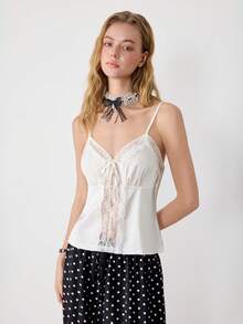 Ardnt Elegant French Satin Lace Patchwork Design Pure White Elegant Fashionable Camisole, Versatile Early Spring Stylish Item, Sexy Vibe - White - View 3