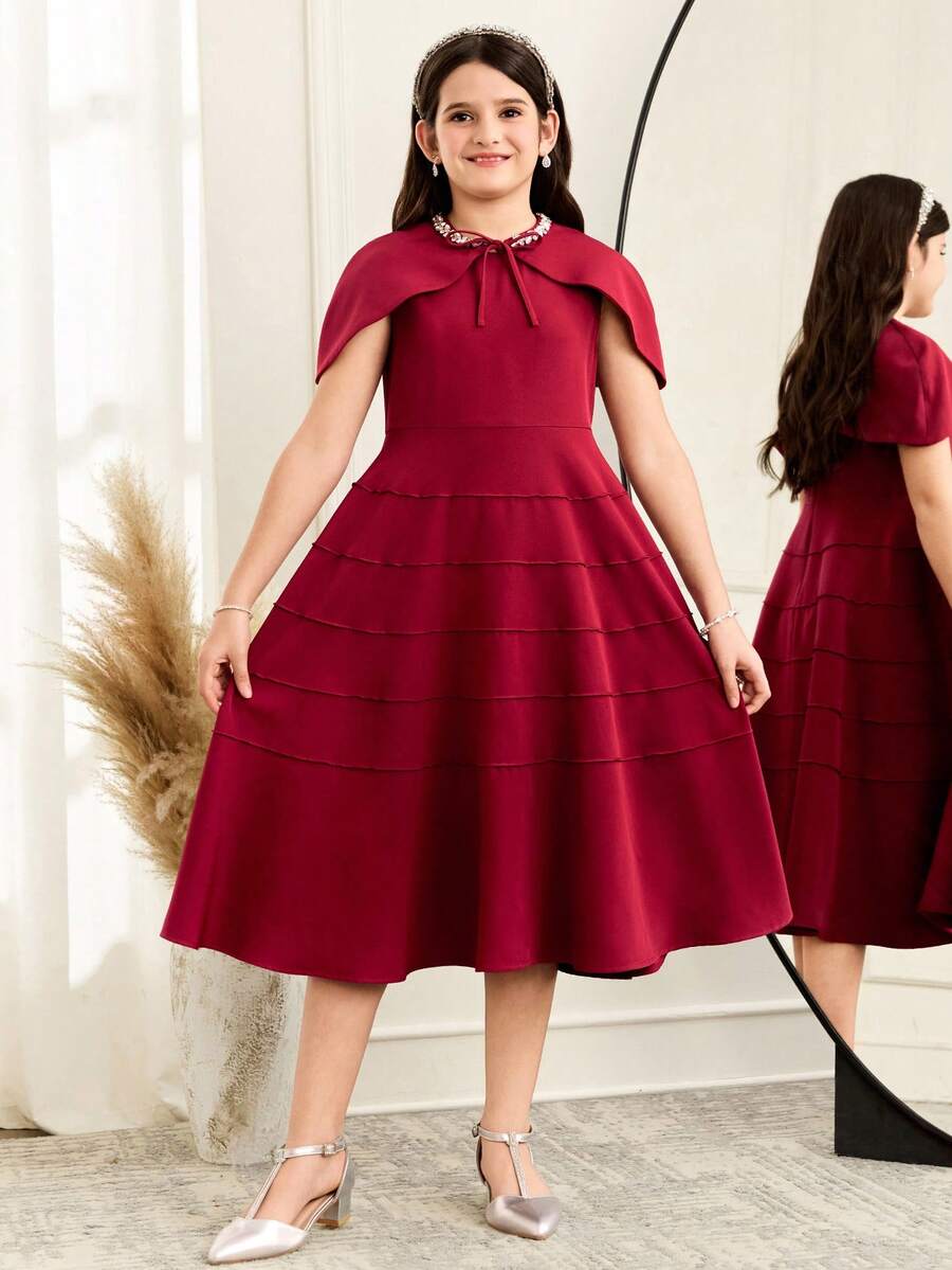 SHEIN Đầm trơn màu dễ thương cho bé gái tuổi teen, thích hợp mặc thường ngày, đi học, dự lễ khai giảng, đi du lịch, chơi thể thao, mùa đông, Tết Dương lịch. - Đỏ - Xem 1