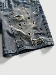 ROMWE MEN Grunge Punk Pantalones cortos de mezclilla con cinturón, con ojales y rotos para hombre - Azul - Ver 11