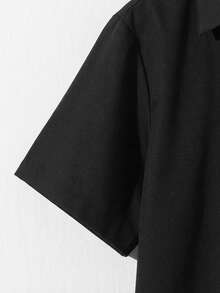 2pcs Tween Boy Black Summer Casual Solid Color Chest Pocket Short Sleeve Shirt And Elastic Waist Pants Set,Vacation Goth Gothic Streetwear Festival - Multicolor - View 5