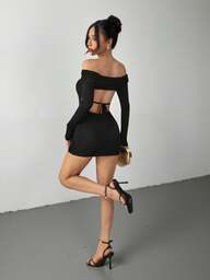 SHEIN PETITE Women's Sexy Off Shoulder Backless Tied Bodycon Mini Dress, Perfect For Party