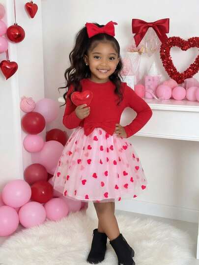 Young Girls Casual Red Knit Patchwork Heart Print Mesh Overlay Dress, Cute For Valentine's Day, Outdoor Wear