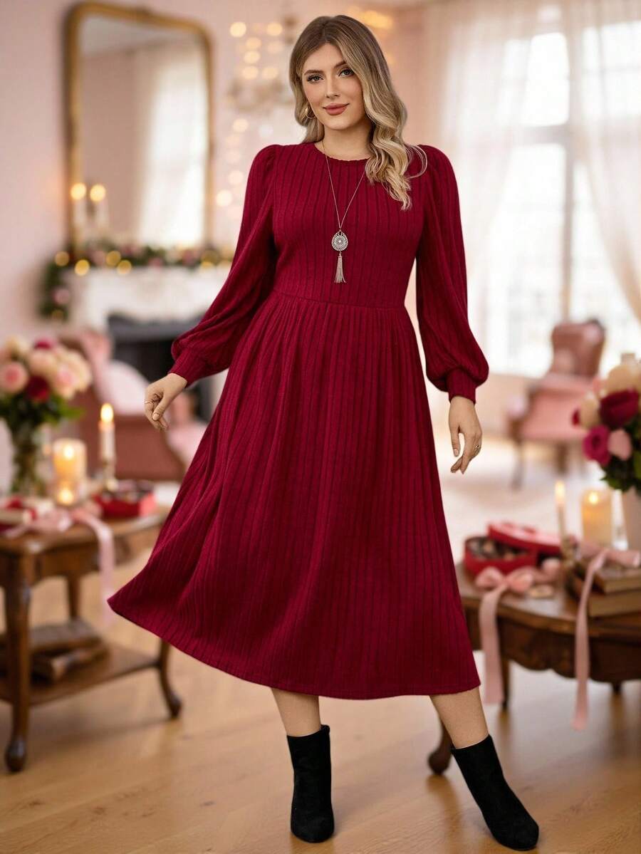 Rosumi Plus Solid Lantern Red With Sleeves Sleeve Ribbed Knit Winter Dress - Burgundy - View 1