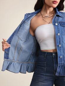 SHEIN Tall Women's Casual Denim Jacket With Bell Sleeves, Single-Breasted, And Ruffle Hem - Blue - View 8