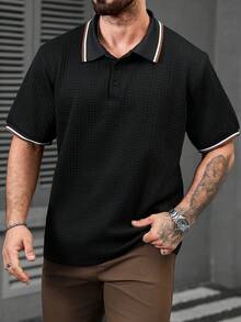 EGENSIO Men's Black Textured Short Sleeve Polo Shirt - Black - View 1