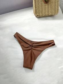 Swim Vcay 亮面褶皱比基尼泳裤，性感女士泳装套装，春夏款 - 咖啡棕 - 查看 3