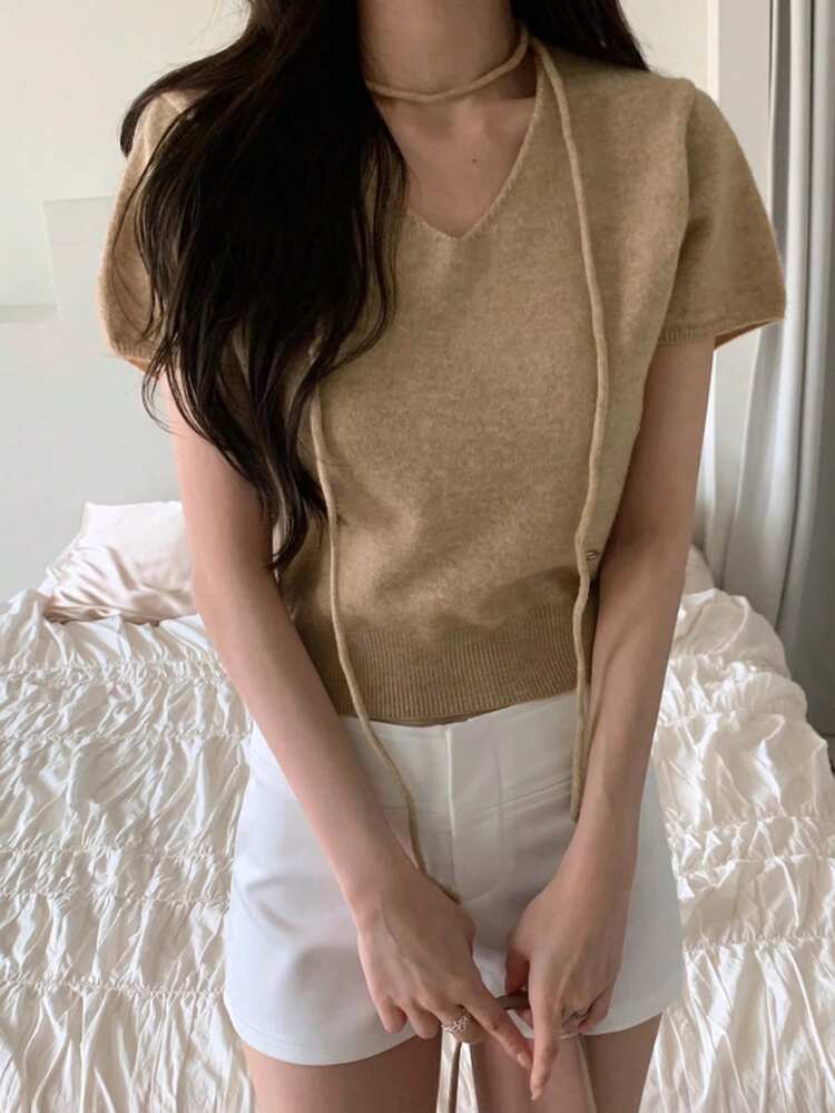 V-Neck Plain Sweet Minimalist Loose Short Sleeve Knit Sweater For Women