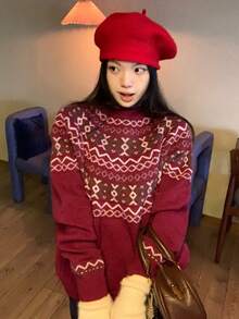 DAZY Crew Neck Jacquard Knit Sweater, Lazy Retro Loose Soft Style - Burgundy - View 4