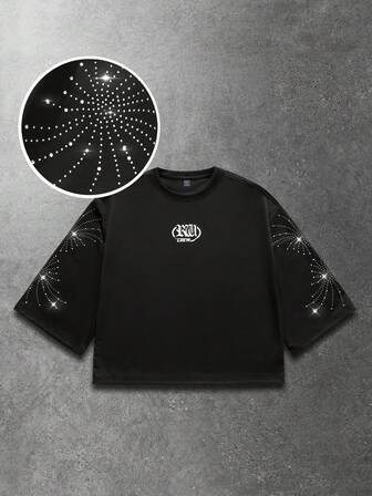 T-shirt décontracté à col rond noir avec manches 3/4 orné de strass