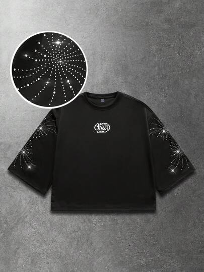 T-shirt décontracté à col rond noir avec manches 3/4 orné de strass