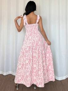 Rafferiza Váy xòe họa tiết hoa nhún eo thanh lịch kiểu Pháp, váy xòe không tay bồng bềnh, váy mùa hè họa tiết hoa màu xanh nhạt - Hồng - Xem 2