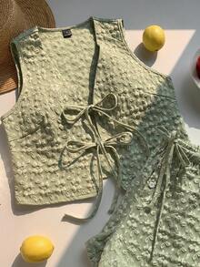 Comfortcana Mint Green Woven Women's Casual Suit, Spring/Summer Summer Two Piece Set Shorts Set Two Piece Set Green Two Piece Set Cotton 2 Piece Set Linen Two Piece Set Petite Two Piece Set - Mint Green - View 3