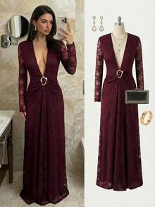 Aloruh 酒红色浪漫长款约会深V金属扣长袖褶皱修身连衣裙，适合情人节、新年、派对等场合，尽显优雅气质。 - 酒紅色 - 查看 11