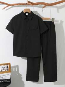 2pcs Tween Boy Black Summer Casual Solid Color Chest Pocket Short Sleeve Shirt And Elastic Waist Pants Set,Vacation Goth Gothic Streetwear Festival - Multicolor - View 8
