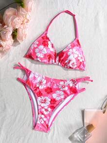 SHEIN Tween Girls' Summer Beach Vacation Cheerful Floral Print Peach Pink Camisole Bikini - Hot Pink - View 7