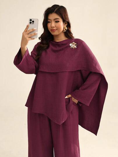 Auralis Plus-Size Women's Spring And Autumn Fashion Elegant Loose Comfortable Everyday Stylish Metal Buckle Long-Sleeved Top And Wide-Leg Pants Purple-Red Two Pieces Set,Spring Outfits,Conservative And Elegant Two Pieces Set Plus Size Matching Set Plus Size 2 Piece Sets Plus Size Women Clothes Set Plus Size Elegant Long Sleeve Top And Pants Set Spring Outfit Women Spring Sets For Women Plus Size Women Clothes 2 Piece Arabian