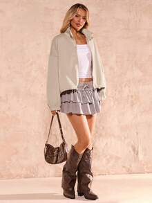 Glamine 女士落肩长袖几何线条磨毛宽松外套 - 淺灰色 - 查看 5